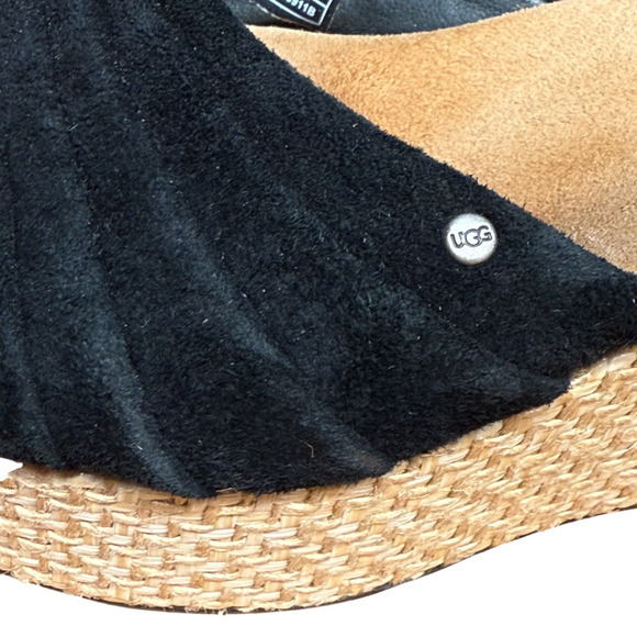 UGG Alvina Women's 7 Black Leather Suede Beige Wedge Heel Slip On Sandal Comfort - Picture 12 of 13